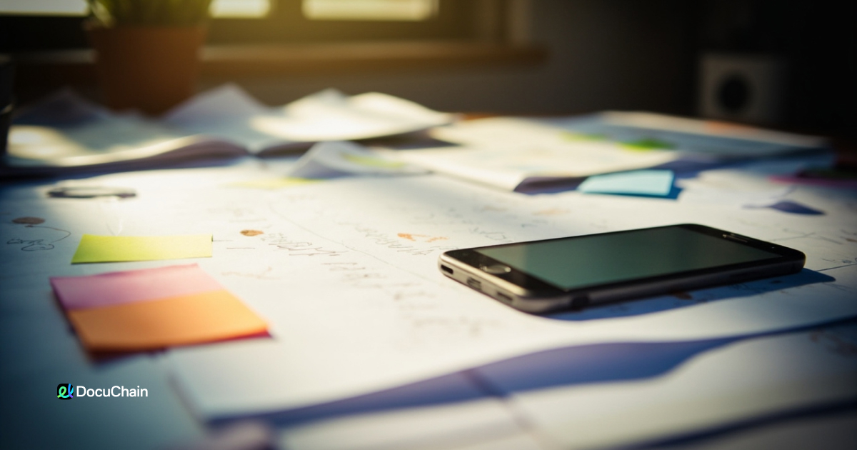 Mobile phone lying on cluttered paperwork with sticky notes — representing workaround chaos when PDF signing fails to respond