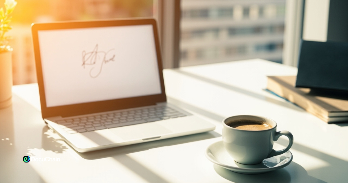 Laptop showing a digital signature on screen beside a coffee cup — how smooth and reliable PDF signing should feel with DocuChain