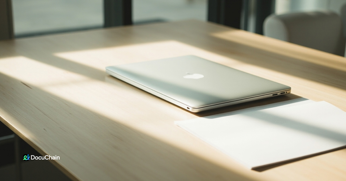 Self-contained PDF file and closed laptop on a desk — showing how DocuChain enables fully embedded digital signatures with no server checks