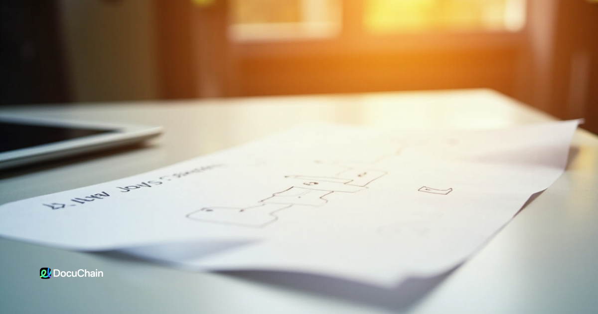 DocuChain signing process sketch near laptop — step-by-step flow for applying trusted PDF signatures with timestamp and signer identity