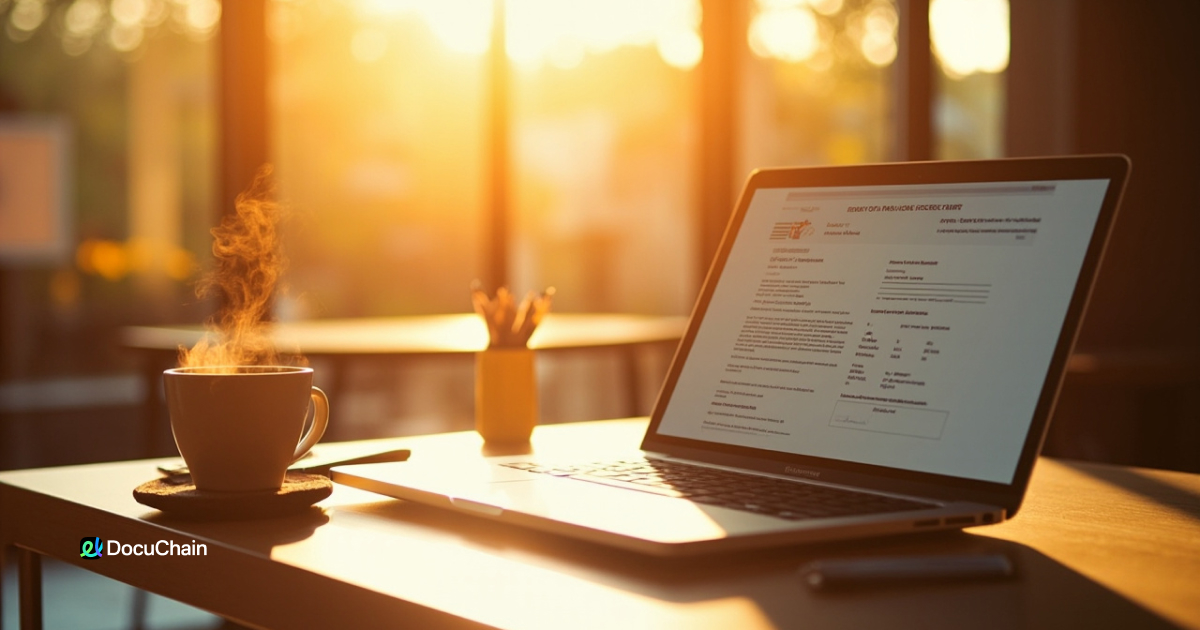 Signed PDF open on laptop screen with warm lighting — try DocuChain’s PaDES PDF signing with embedded validation and audit-proof result