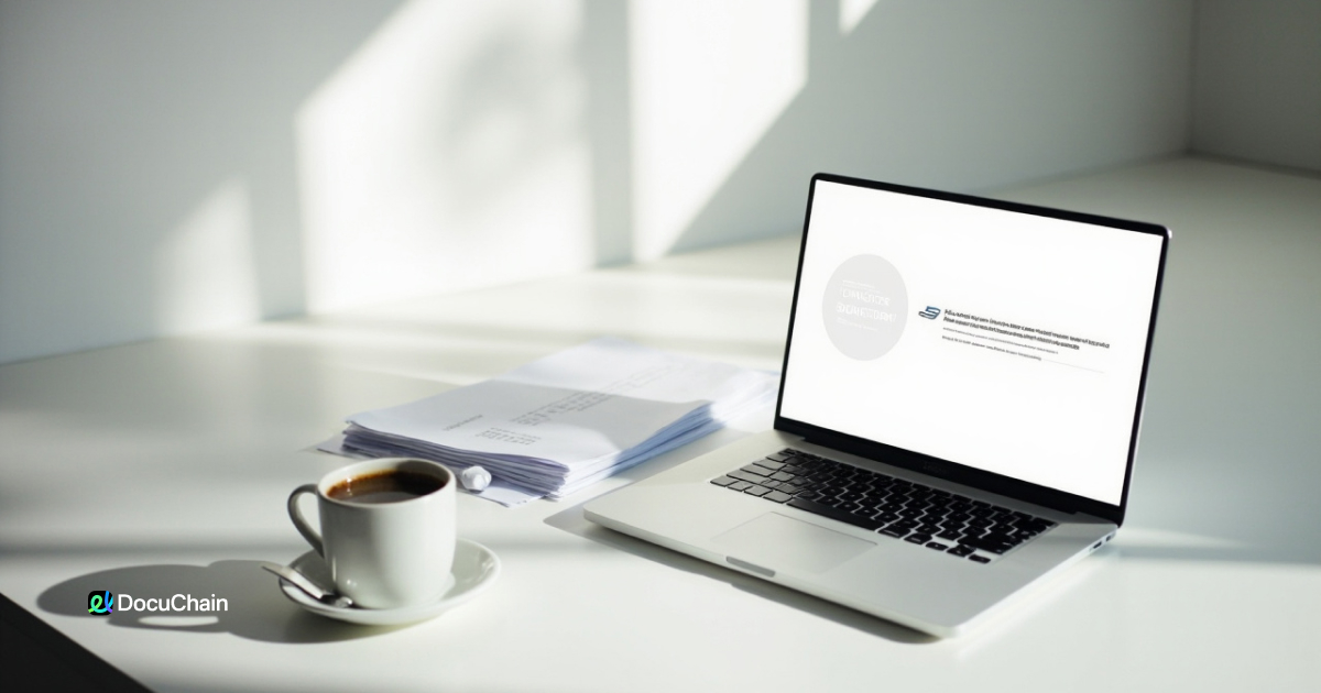 Laptop and coffee cup on a clean desk with documents ready to sign — link-based e-signatures simplify document flow and let you sign documents online without delays
