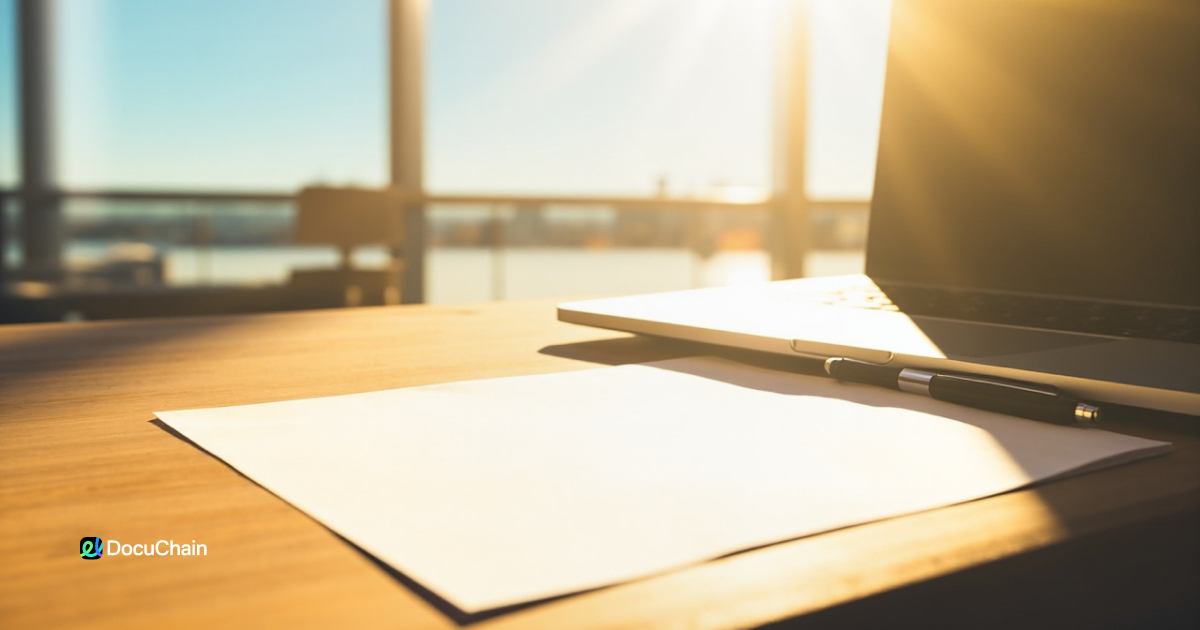 Sunlit workspace with laptop and pen next to document — instantly sign documents online with one link and track every e-signature step securely