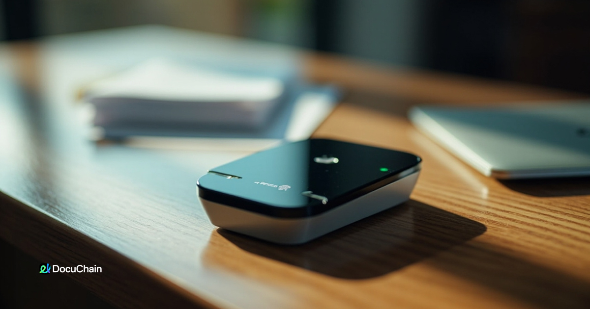 Biometric signature device next to signed documents on a wooden desk, illustrating biometric trust in secure digital identity