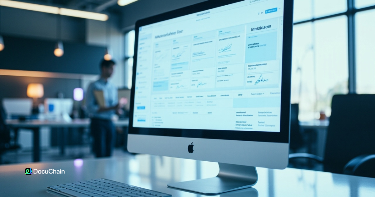 Digital invoice templates displayed on screen in modern office