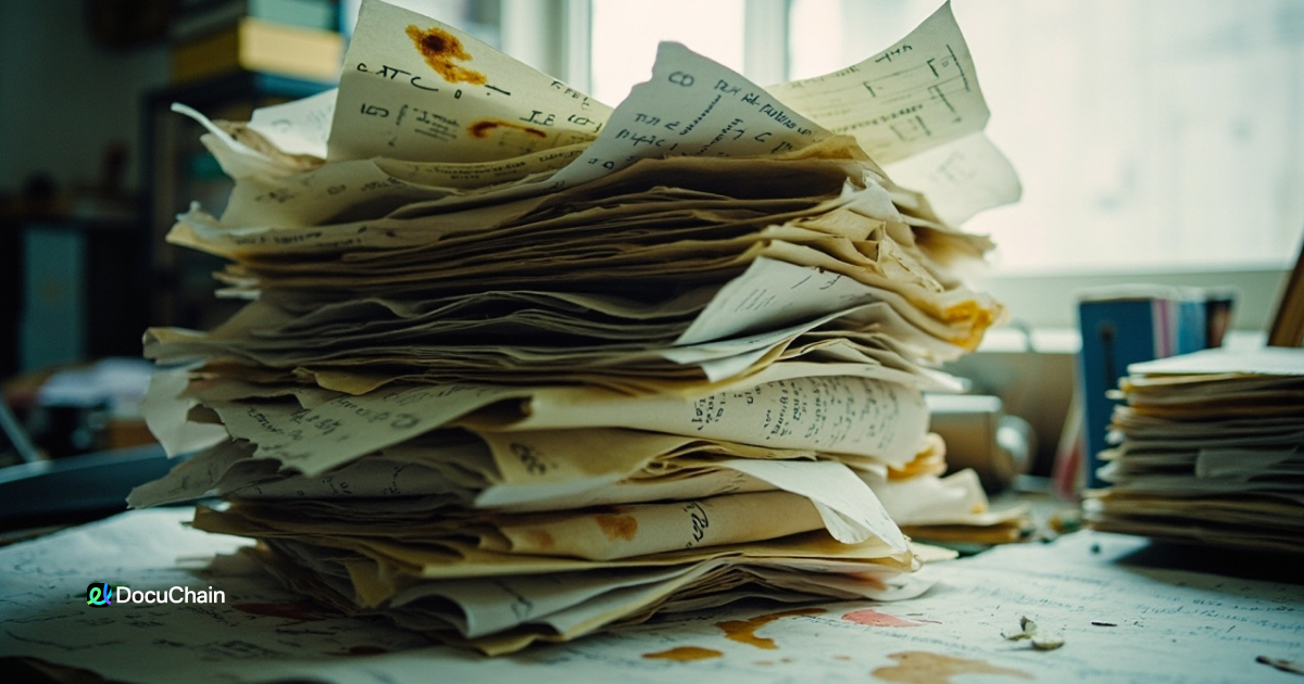 Stack of disorganized, stained paper documents on a cluttered desk, illustrating messy file returns in manual workflows