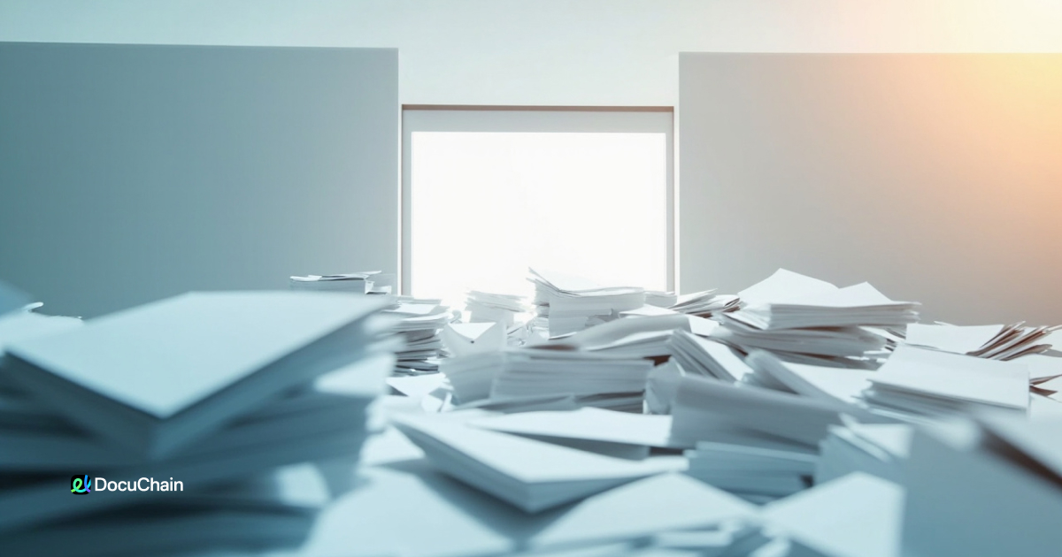 Overwhelming pile of paper documents spilling across a bright office space, visualizing the failure of manual signing at scale