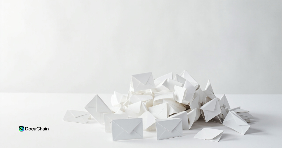 Pile of white envelopes scattered on a flat surface, symbolizing inefficient email-based workflows and communication overload