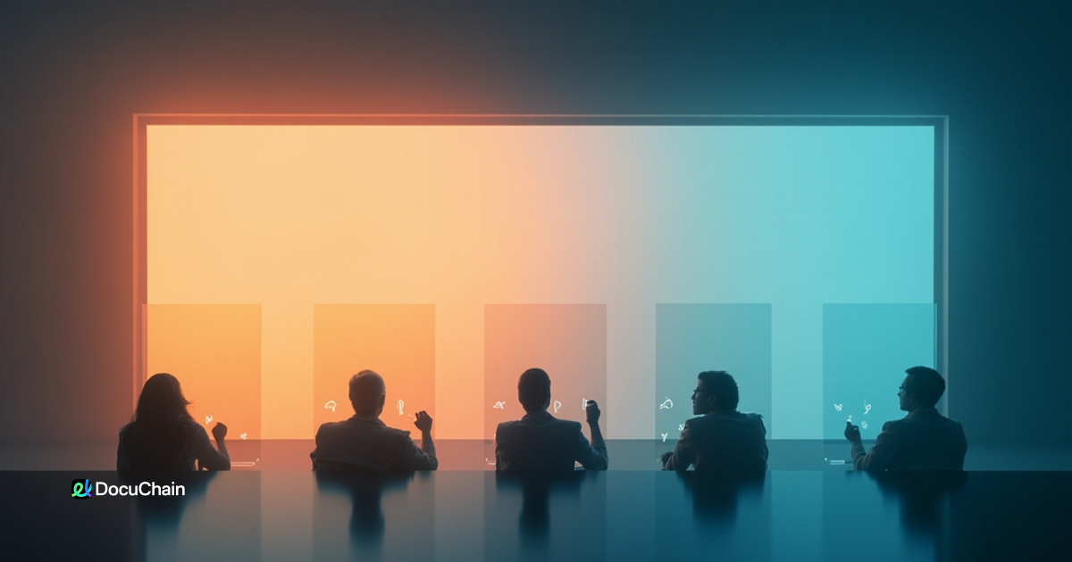 Silhouettes of people working at different times across a split-color screen, visualizing asynchronous collaboration in a remote team setting