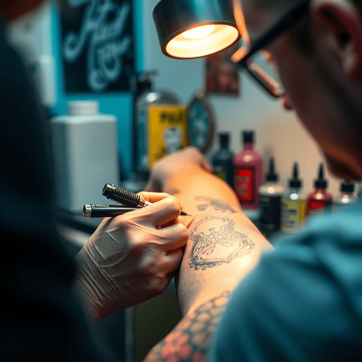 Nærbilde av en tatovør som jobber med en skreddersydd arm-tatovering i et livlig studio med moderne utstyr og blekkflasker.