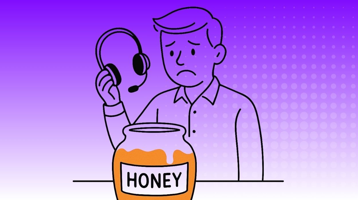 Line art of outbound rep pulling headset out of honey jar to represent problems from calling honey pot numbers