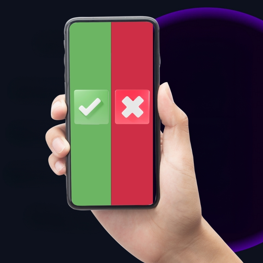 phone with split down middle of screen separating checkmark and x icons to represent good versus bad caller ID display