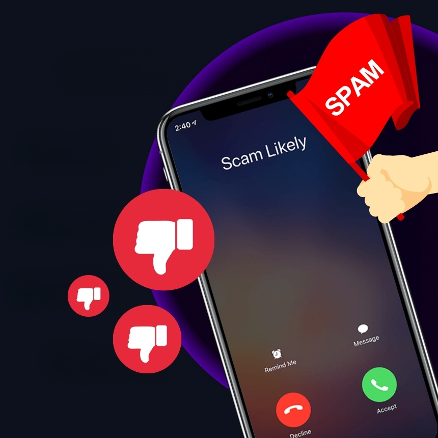 smartphone with thumbs-down icon on screen and flag above to indicate spam risk