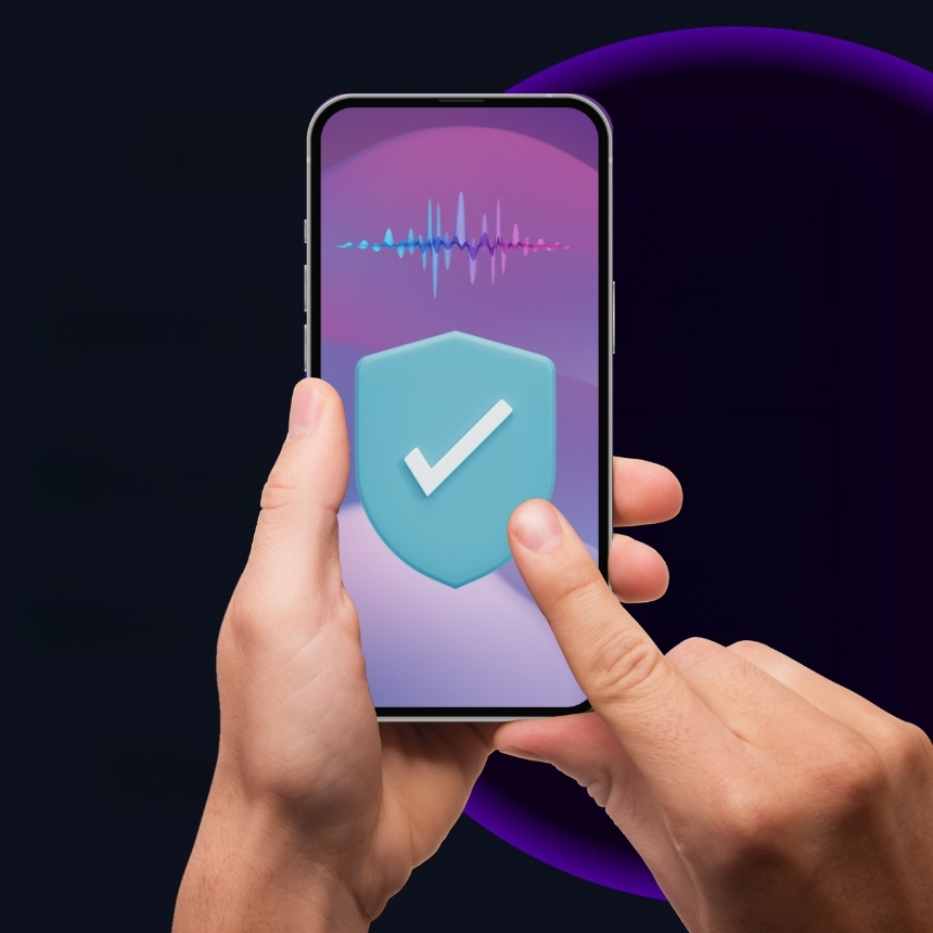 shield with checkmark in front of smartphone with waveform on screen to represent audio fingerprinting and other call content risk factors