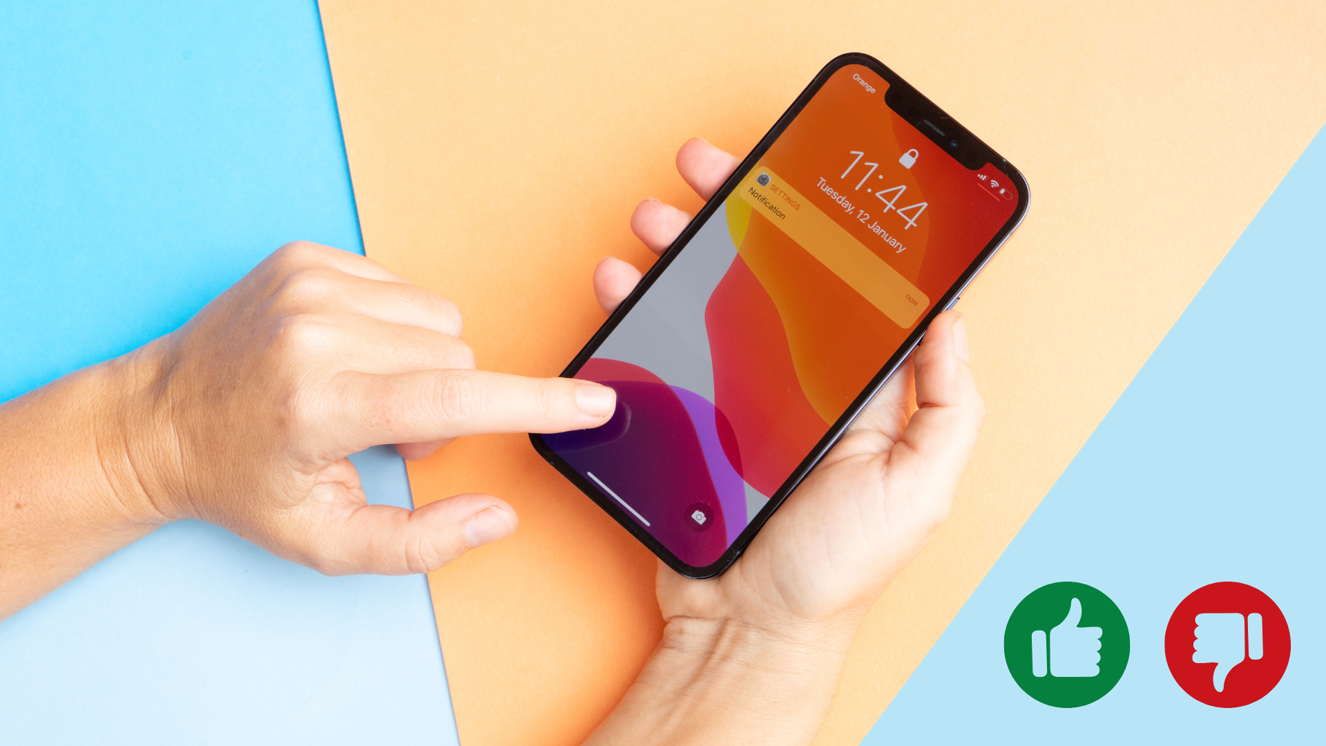 Someone looking at their smartphone with thumbs up and thumbs down icons suggesting crowdsourced feedback