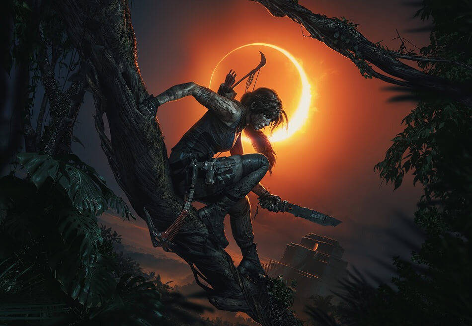 Lara Croft perched on a tree branch in a jungle setting, with a solar eclipse in the background, holding a weapon
