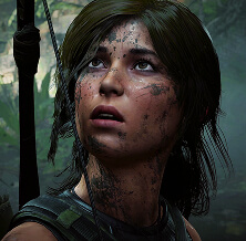 Lara Croft aiming a bow and arrow towards a jaguar on a tree branch in a misty jungle.