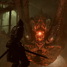 A warrior facing a large, monstrous creature with glowing red eyes in a dark, cavernous environment.