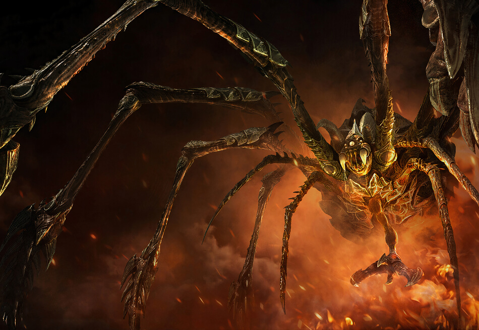 A large, menacing spider-like creature with detailed textures and glowing eyes, set against a fiery background