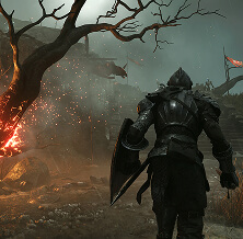 A knight in dark armor with a shield walking towards a distant fortress under a stormy sky, with sparks flying from a nearby fire