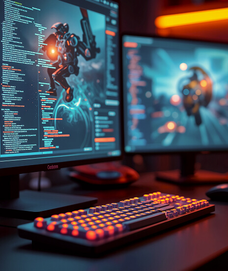A desk setup with two monitors displaying game development code and graphics, with an orange backlit keyboard in the foreground.