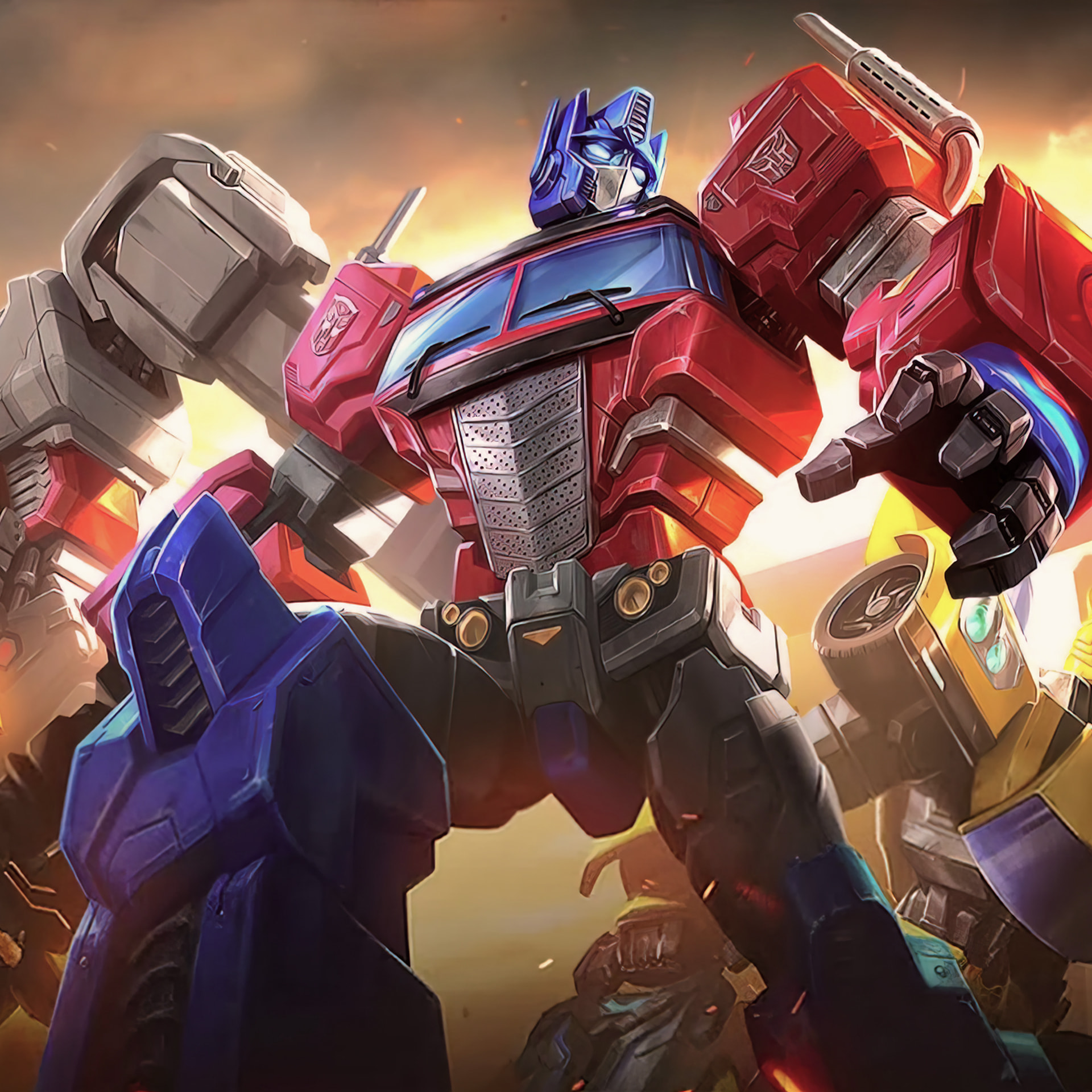 Optimus Prime surrounded by Autobots, a dynamic shot with bright colors and metallic details, Transformers