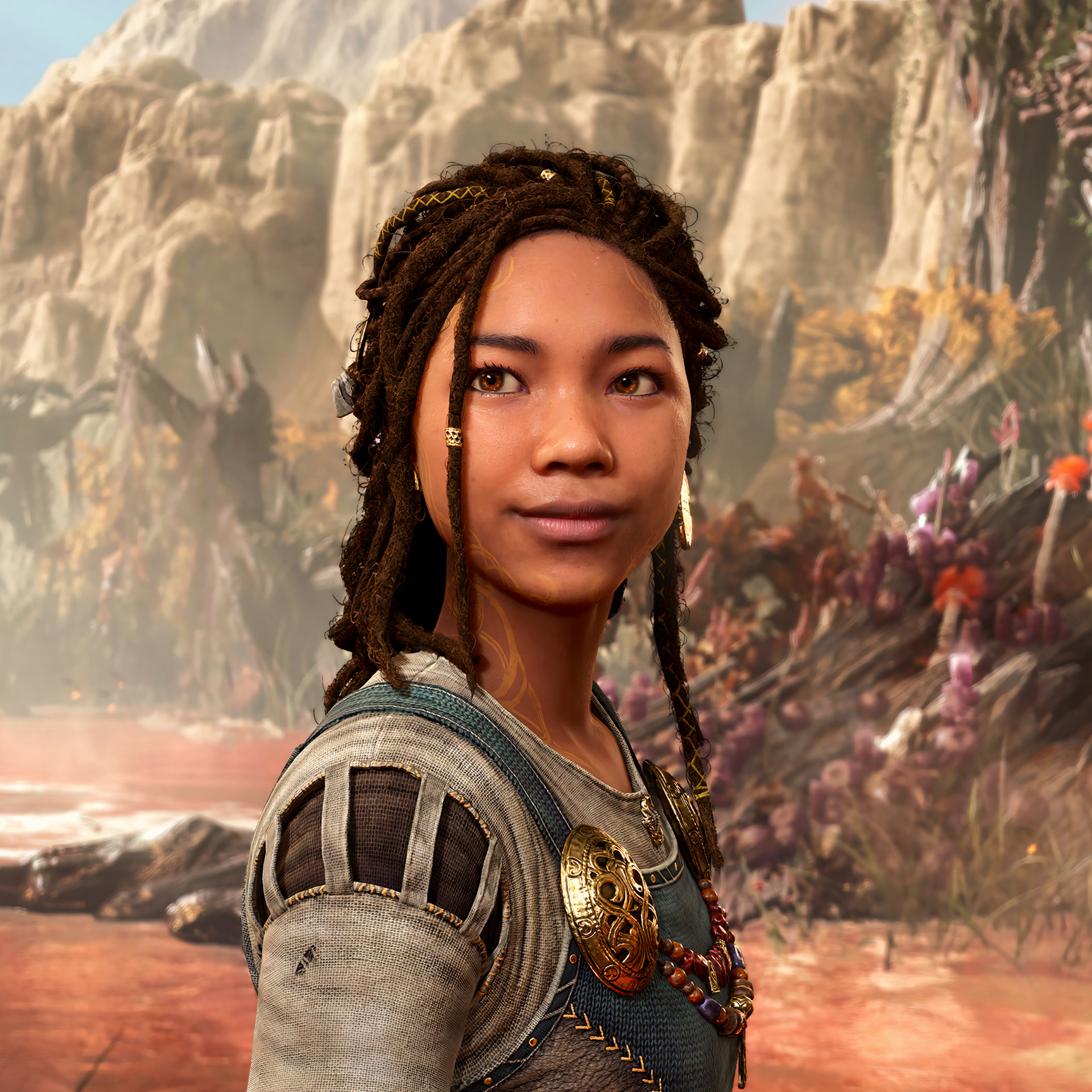A detailed portrait of Angrboda, a young woman with braided hair, wearing traditional Norse attire, against a mountainous backdrop