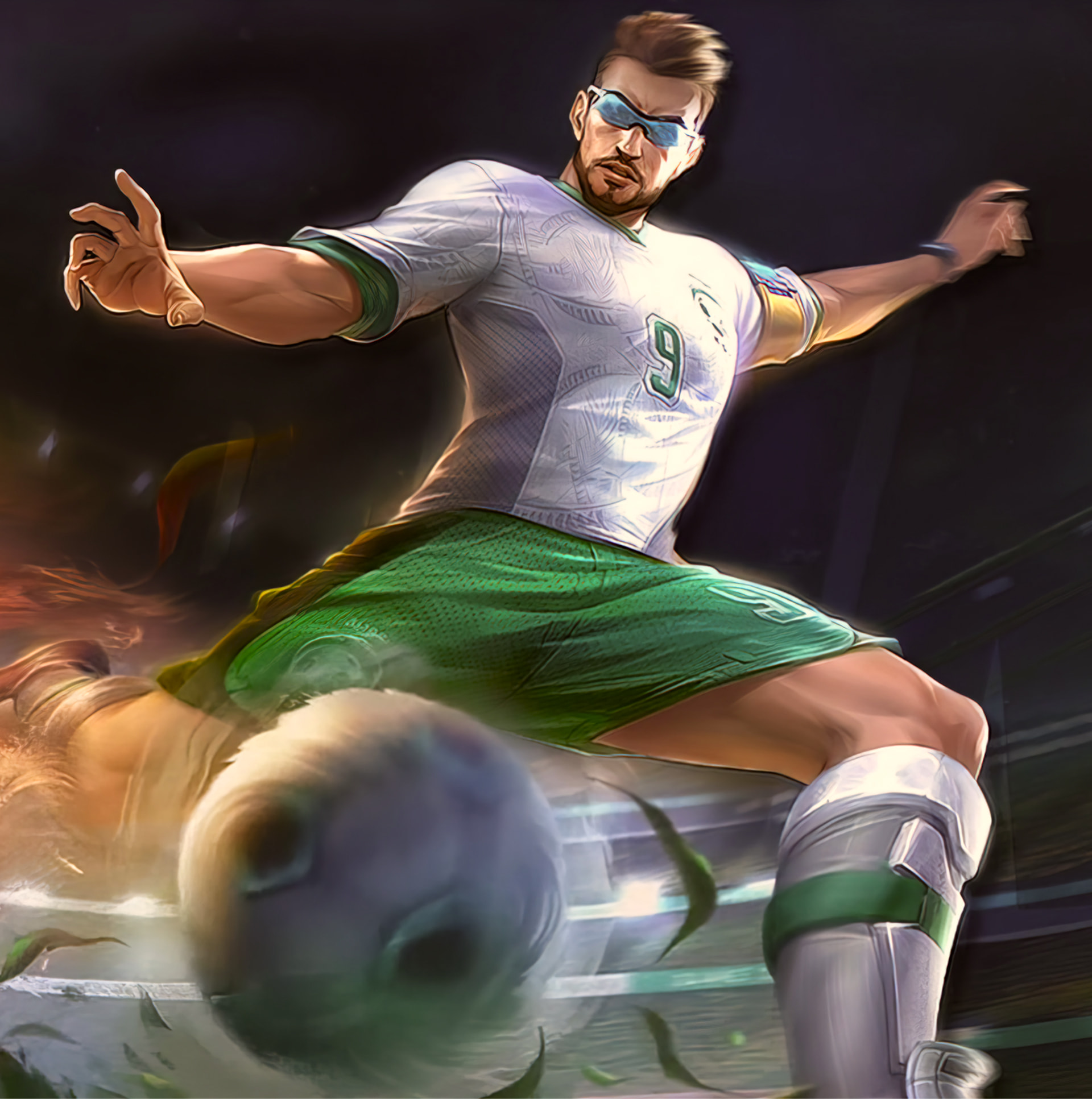 A digital illustration of a soccer player in a white and green jersey kicking a soccer ball
