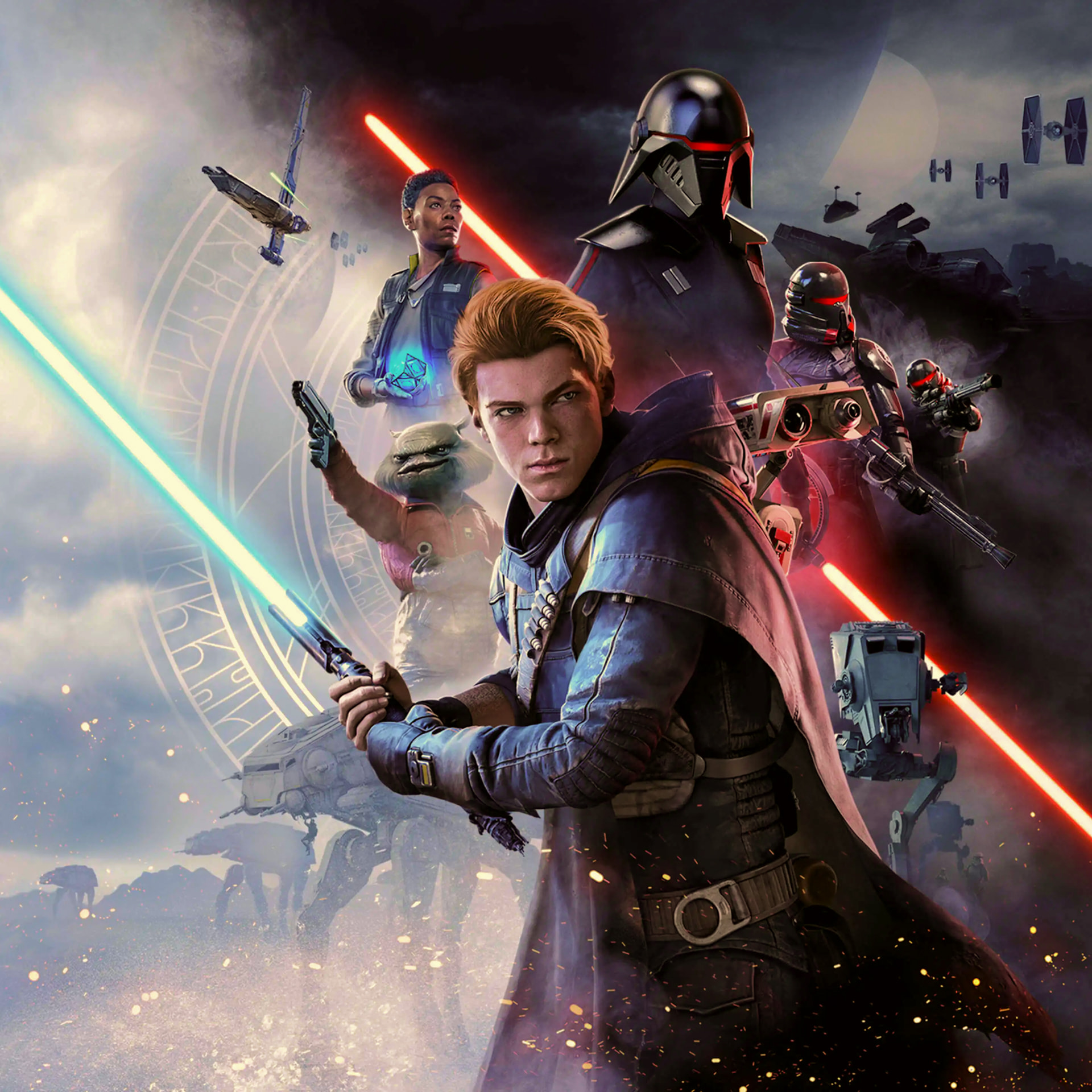 Collage of Star Wars Jedi: Fallen Order characters, featuring the main character Cal Kestis with a lightsaber against a backdrop of Imperial stormtroopers and spaceships