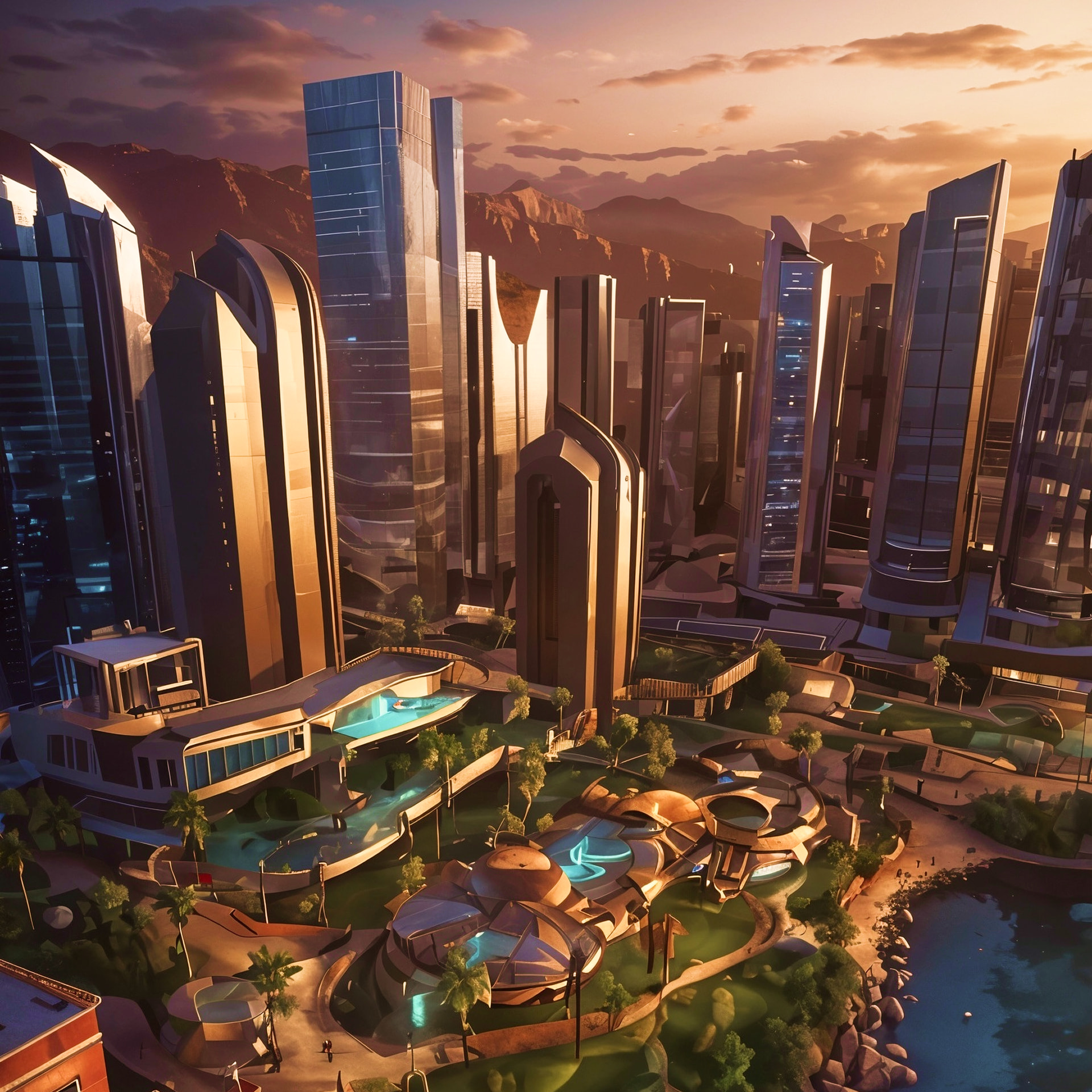 A futuristic cityscape with modern skyscrapers, pools, and lush greenery set against mountains at sunset