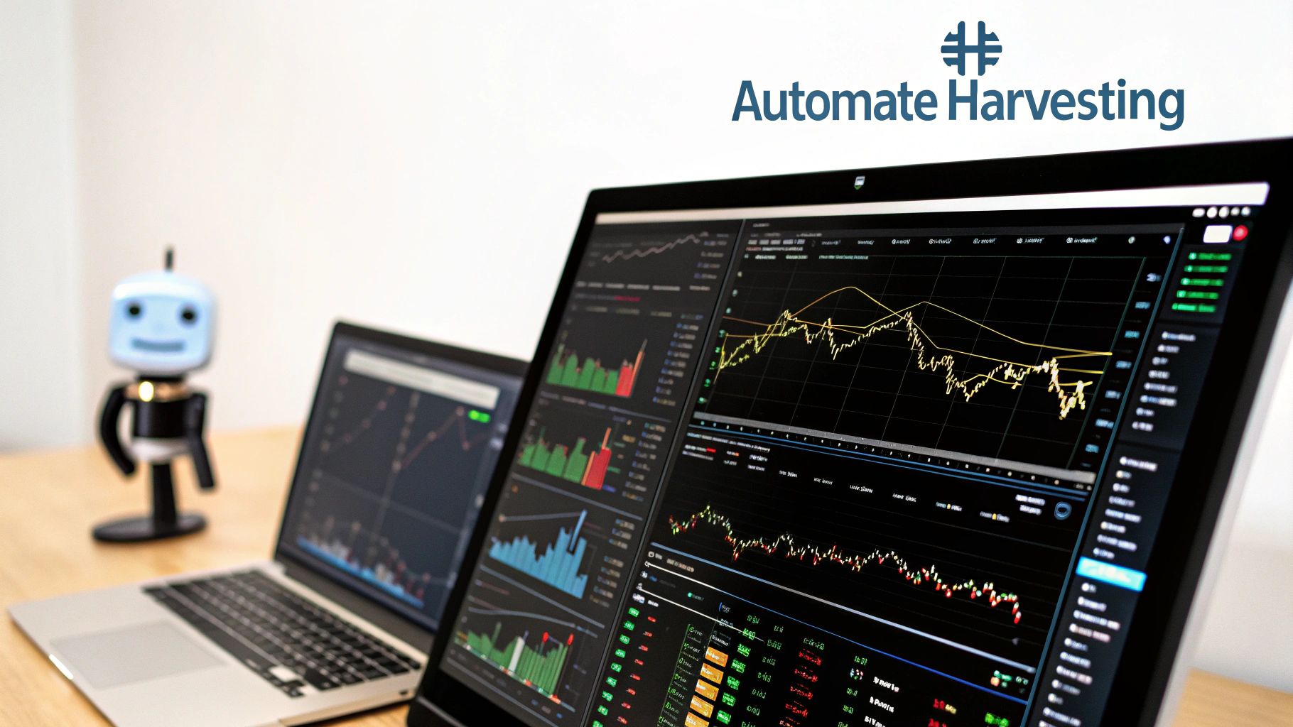 A modern dashboard on a tablet showing an automated portfolio management system, with charts and data indicating automatic adjustments for tax loss harvesting.