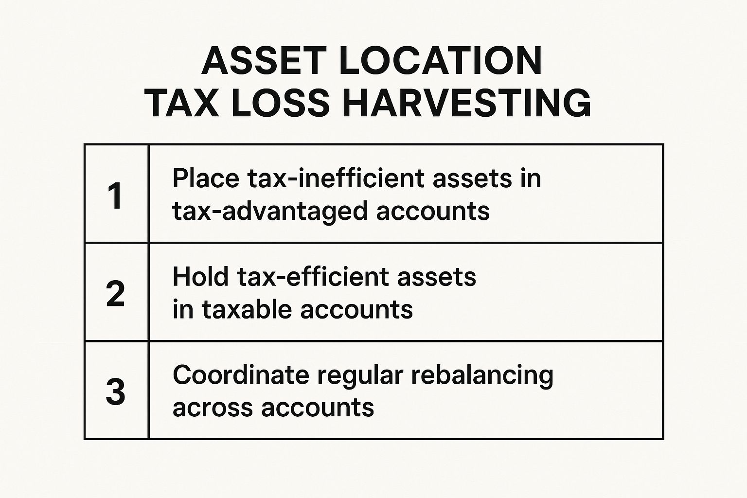 A summary box infographic titled "Key Principles of Asset Location" with three points: 1. Tax-Advantaged Accounts: Place tax-inefficient assets like high-yield bonds and REITs here. 2. Taxable Accounts: Hold tax-efficient assets like growth stocks and index ETFs here for harvesting. 3. Coordinated Rebalancing: Maintain your overall asset allocation by rebalancing across all accounts.