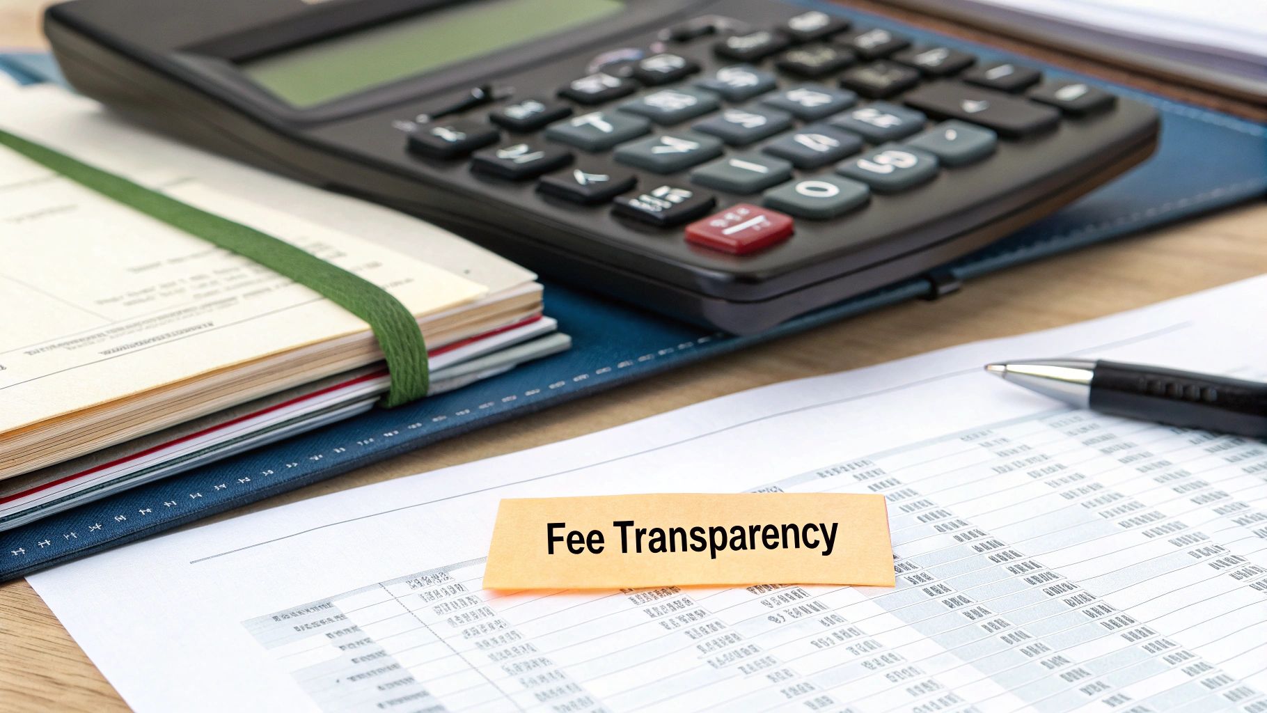 A financial advisor and client discussing fee structures and documents at a desk