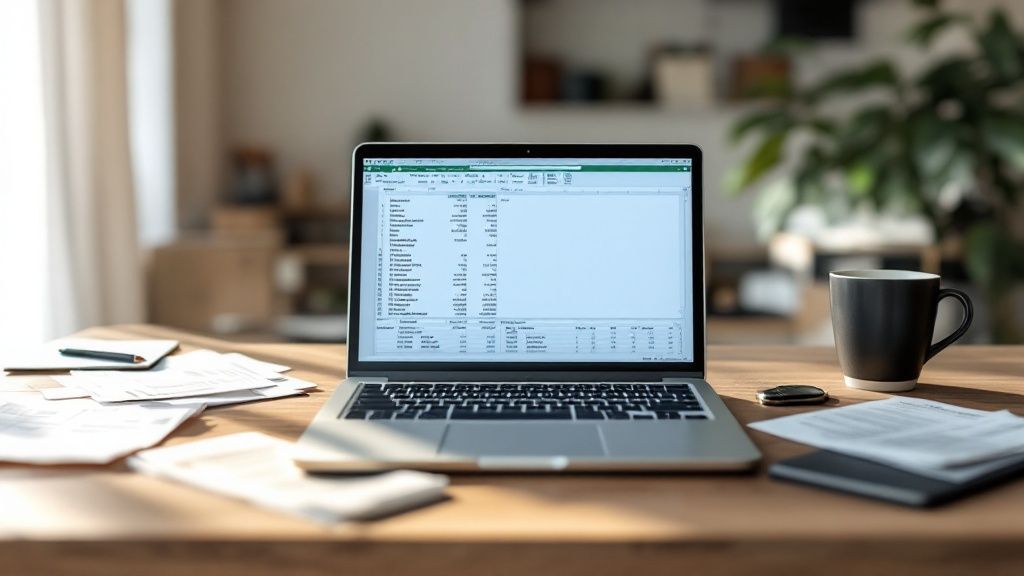 A desk setup with a laptop, notebook, and calculator, representing the meticulous tracking of business expenses for tax deductions.