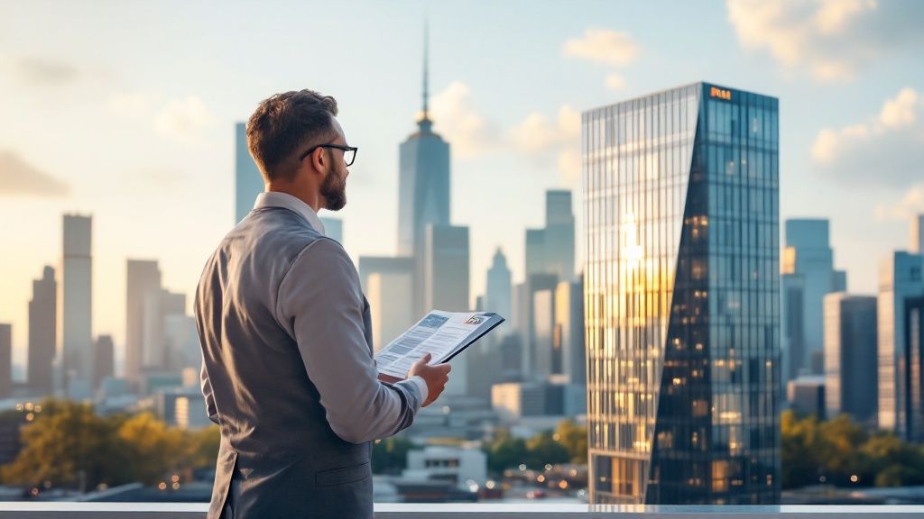 Two professionals in a modern office, reviewing blueprints on a large tablet, with city high-rises visible through the window.