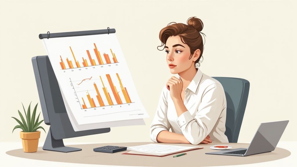 Desk with a laptop showing financial charts and graphs