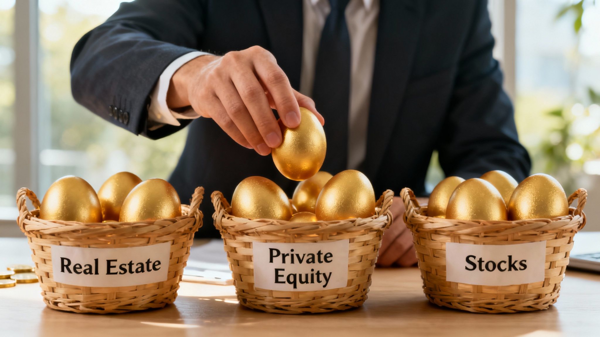 A diverse portfolio represented by various icons like buildings for real estate, charts for stocks, and gears for private equity, surrounding a central business icon.
