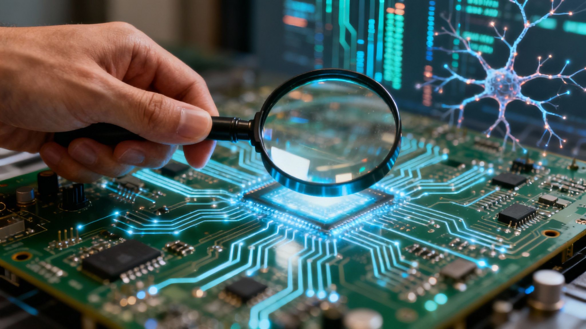 A magnifying glass hovering over glowing digital nodes, symbolizing the search for promising AI companies.