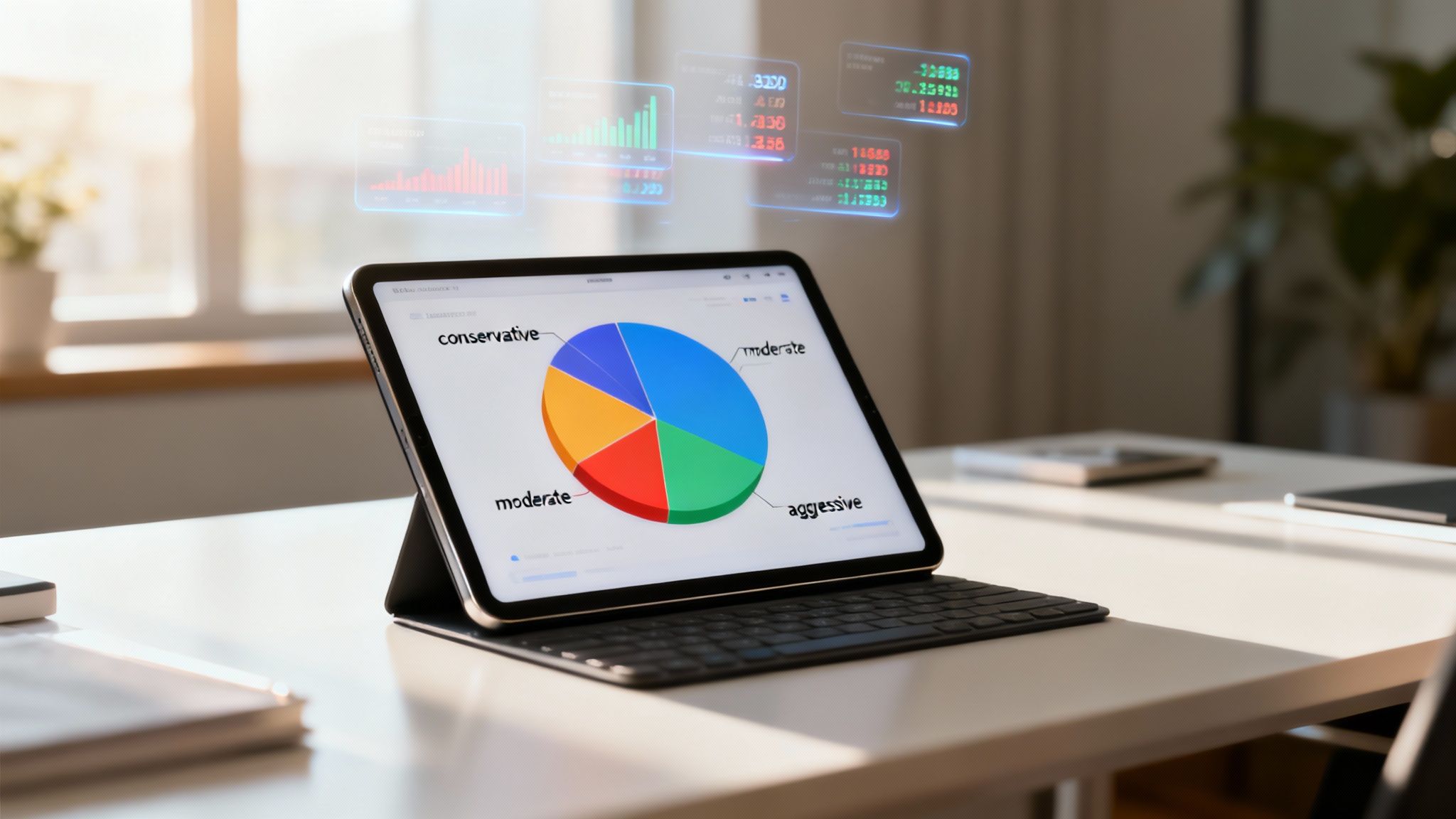 A balanced scale with glowing digital nodes on one side and traditional gold coins on the other, symbolizing a balanced AI investment portfolio.