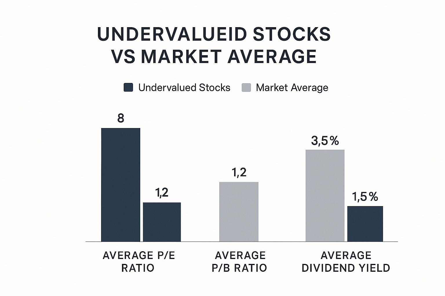 Infographic comparing key metrics of undervalued stocks versus the market average, showing lower P/E and P/B ratios and a higher dividend yield for undervalued stocks.