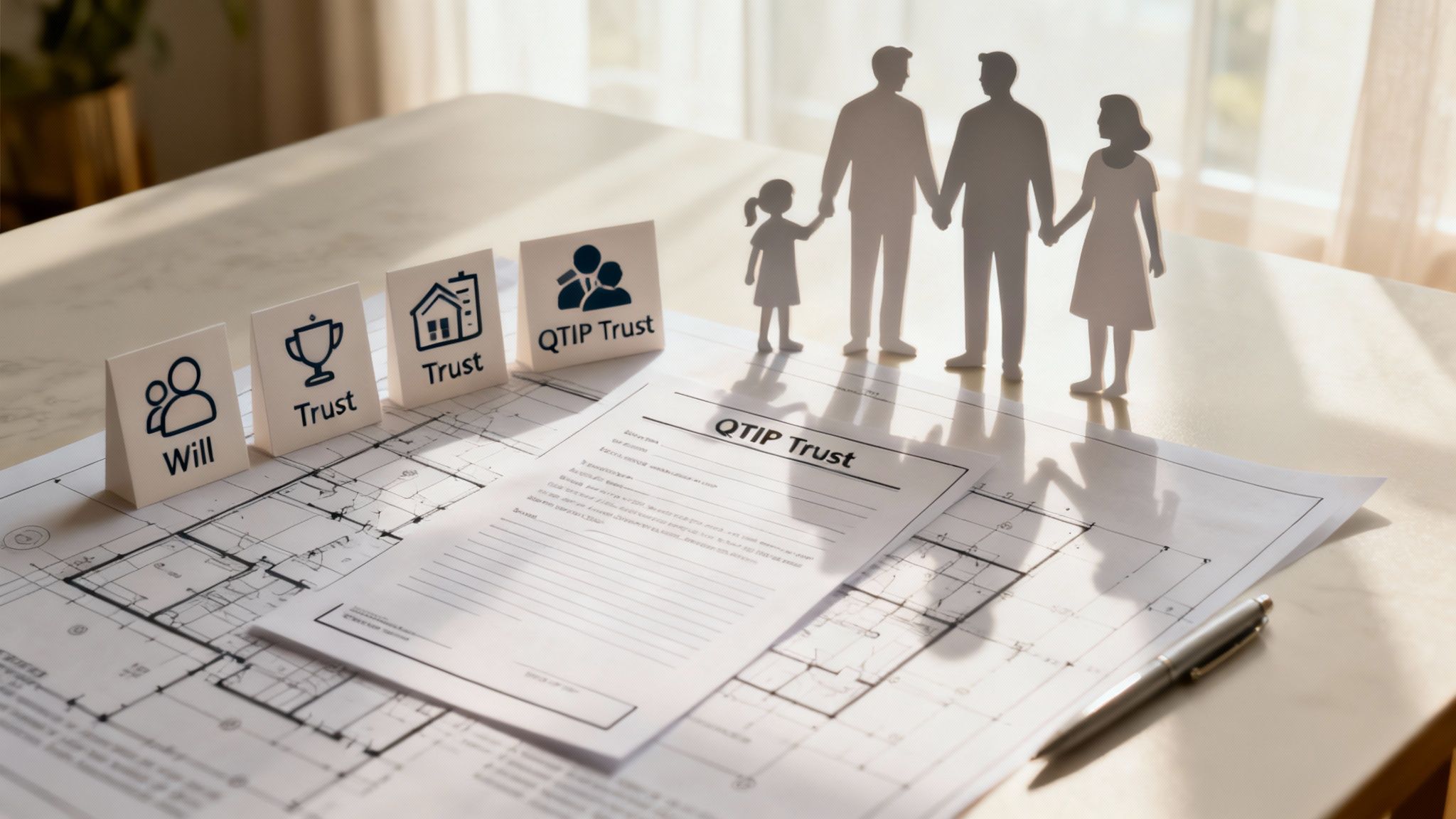Three modern, professional-looking legal documents fanned out on a dark wood desk.