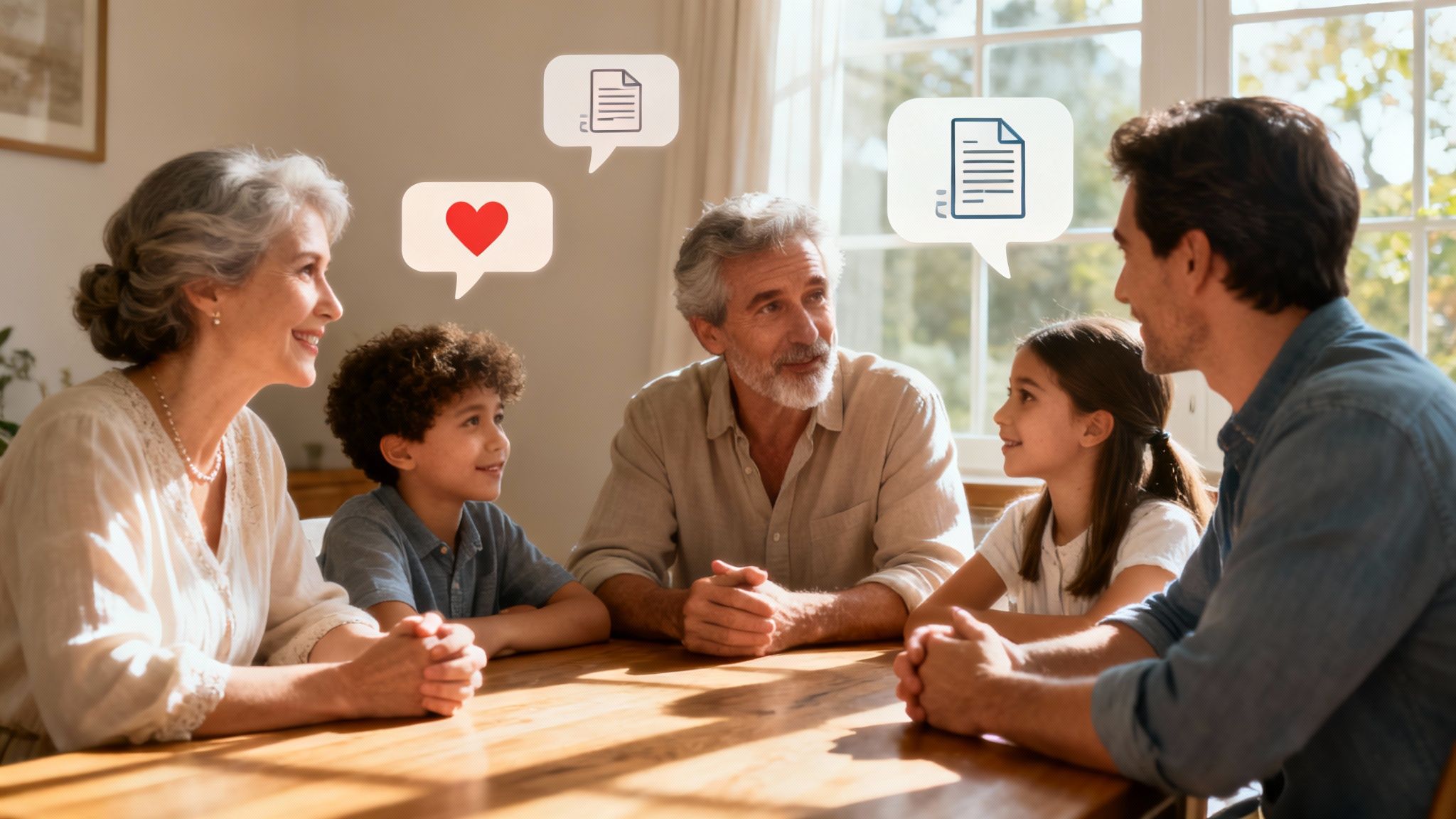 A multi-generational blended family smiling and talking together in a comfortable living room.