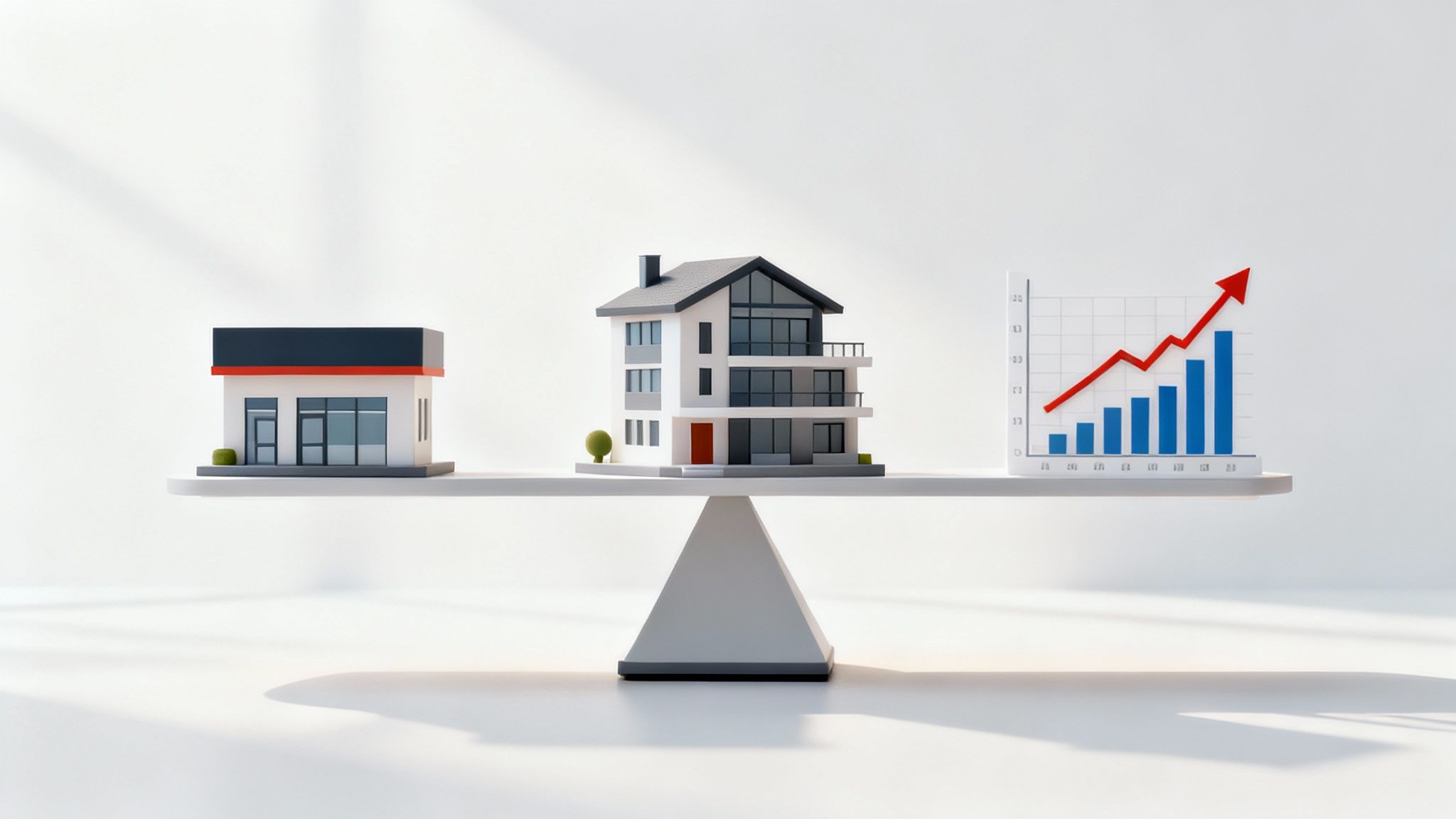 A professional photo showing a diverse portfolio of assets, including real estate blueprints, stock market charts on a tablet, and a miniature model of a family business, all arranged on a polished wooden desk.