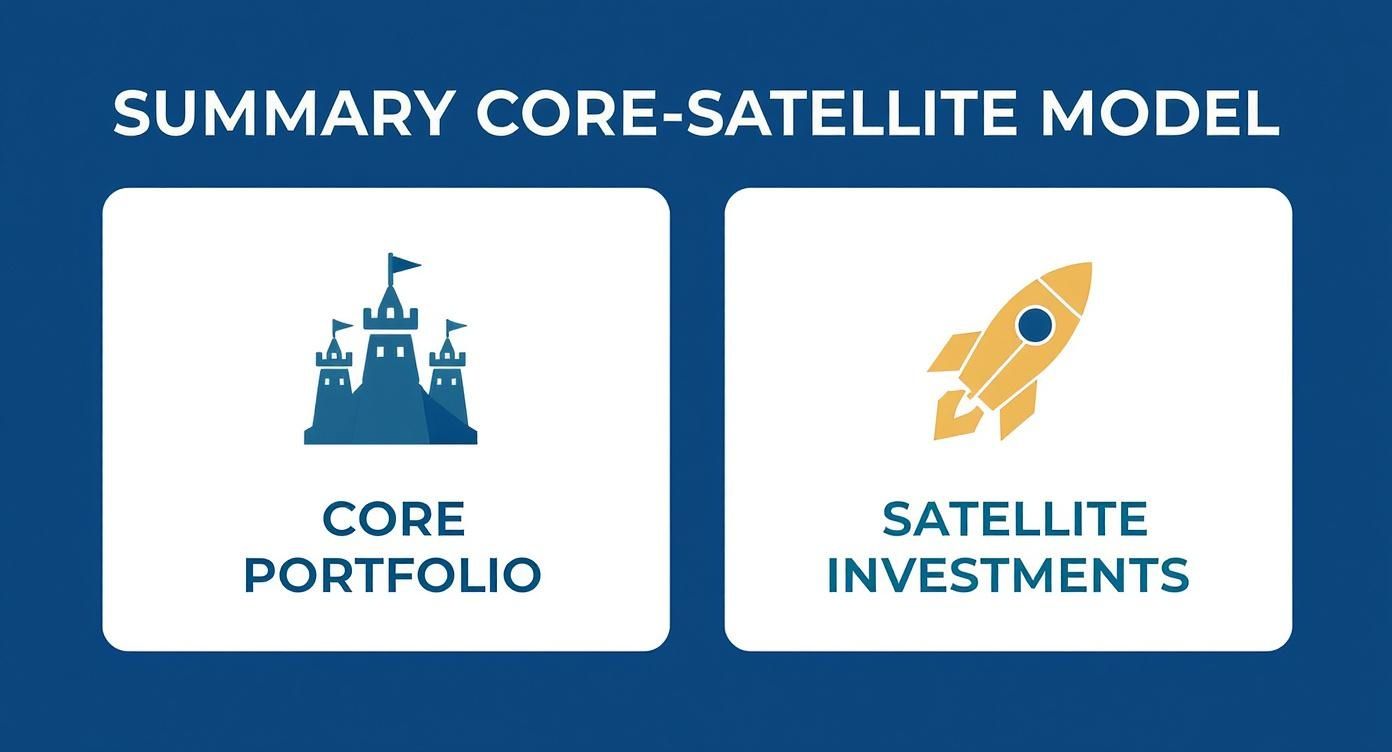 Infographic of the Core-Satellite investment model, showing a stable 'Core Portfolio' fortress and agile 'Satellite Investments' rocket.