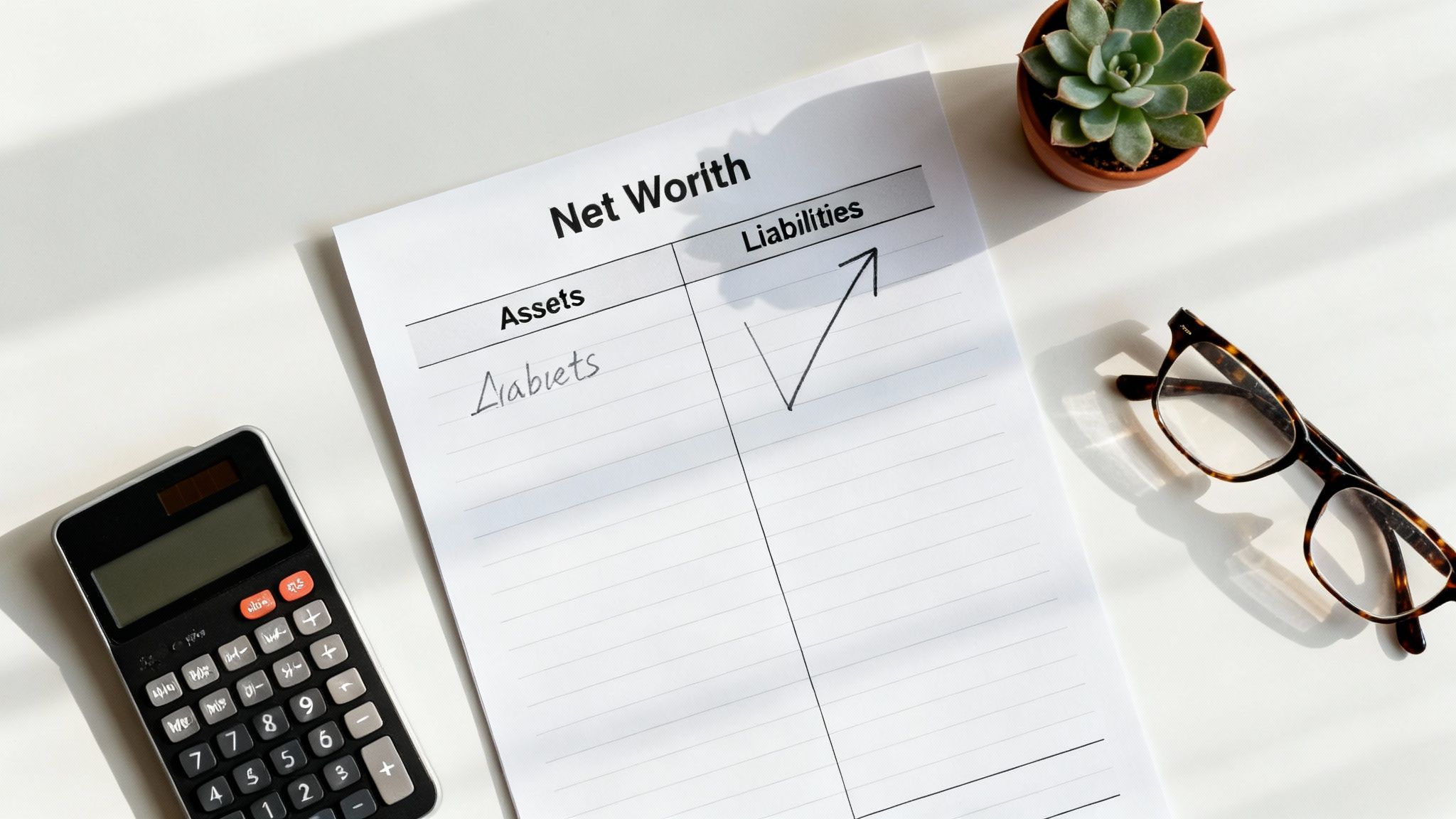 A person sitting at a desk with a laptop open to financial charts and holding a pen over a paper worksheet.