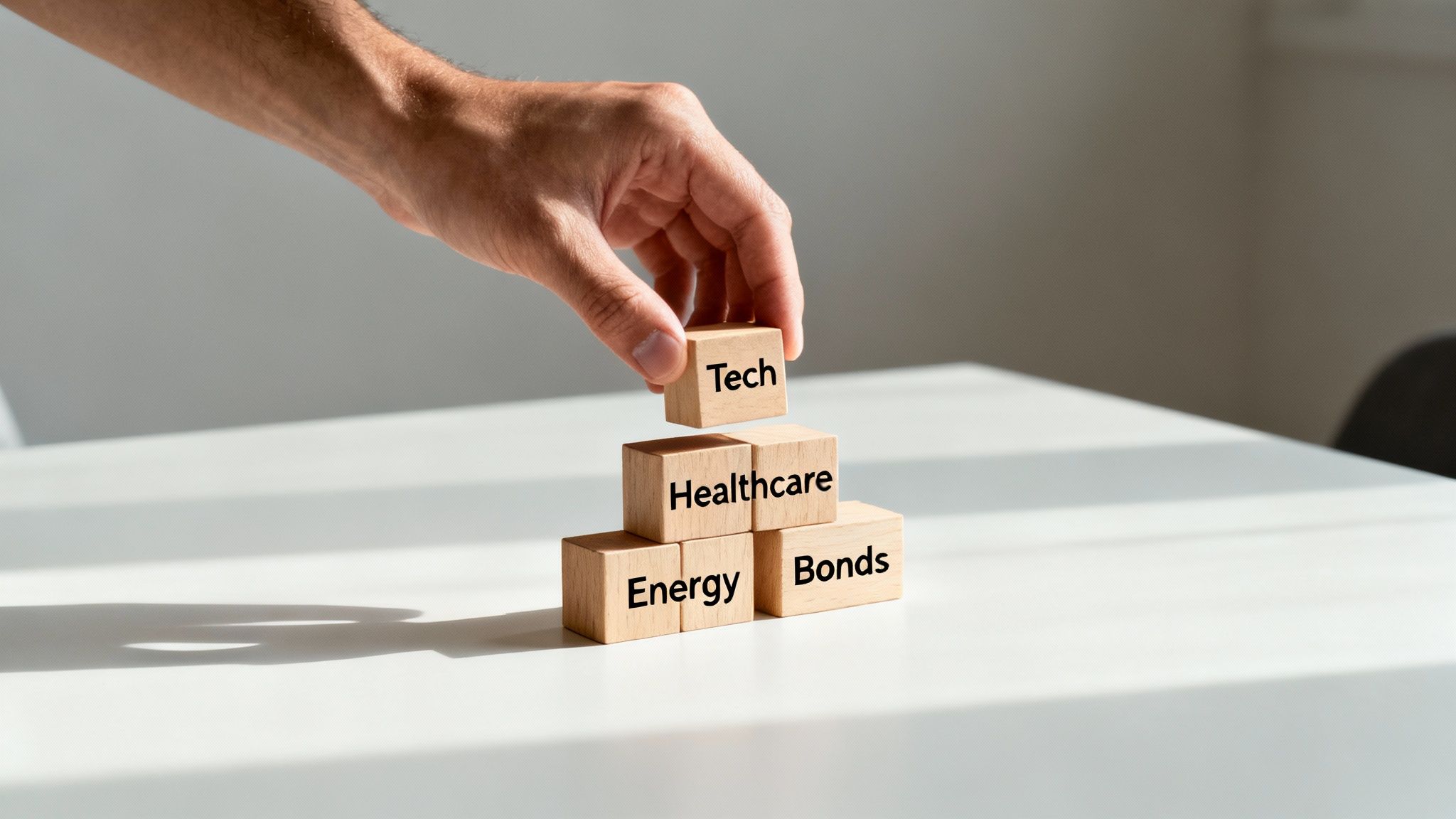 A close-up shot of a person's hands carefully adjusting a diversified portfolio represented by a digital pie chart on a tablet, with financial data in the background.