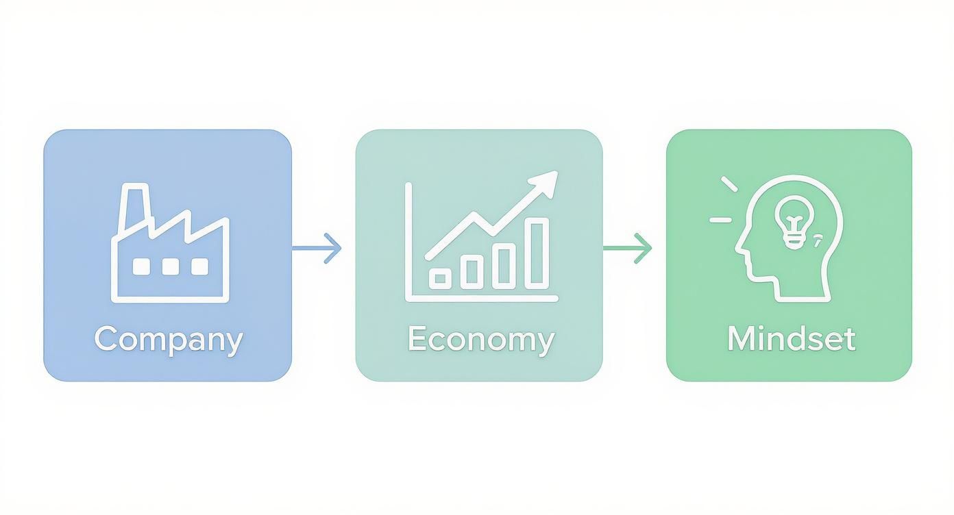 Infographic summarizing the three engines of stock growth with icons for Company, Economy, and Mindset.