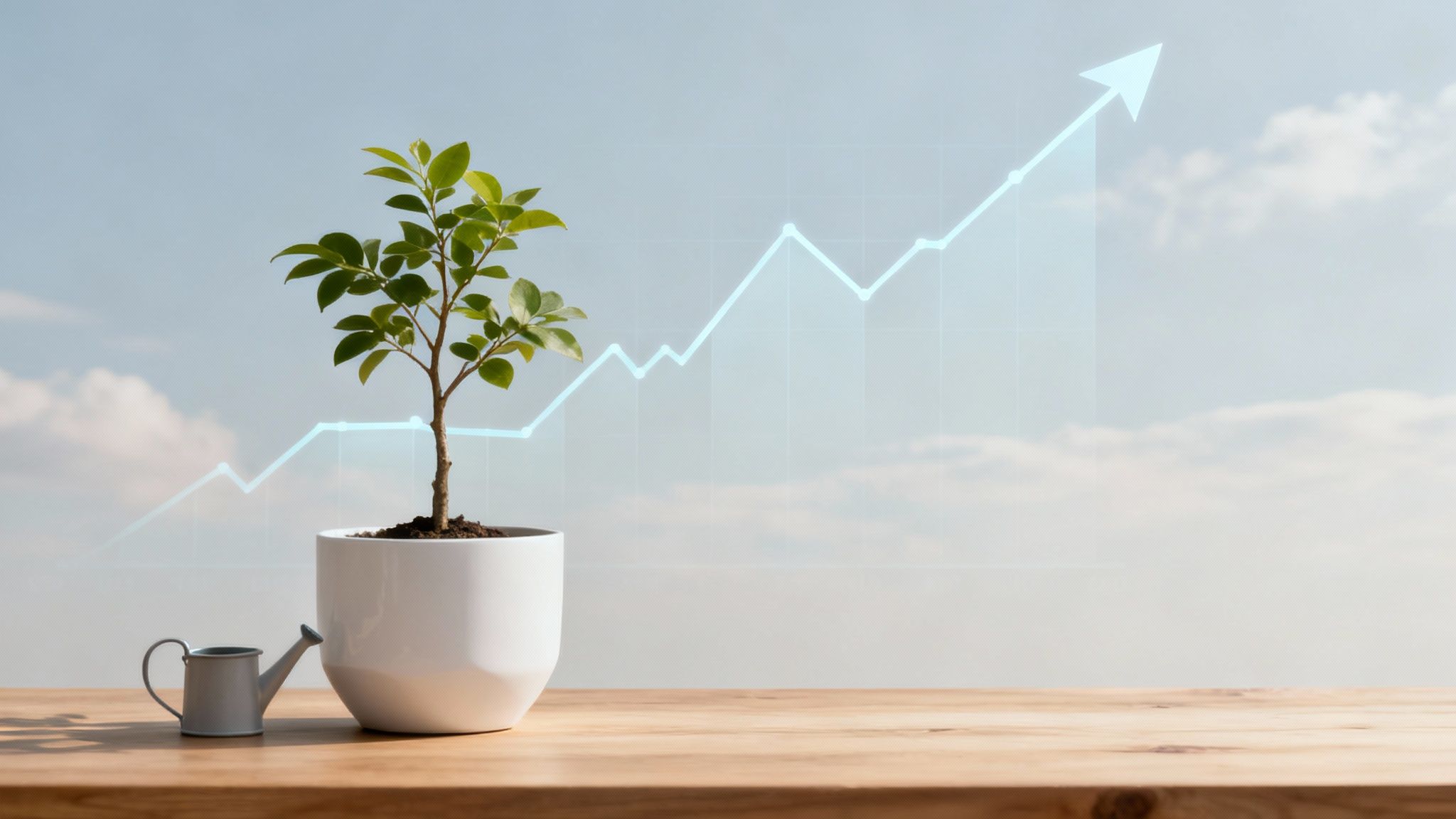 A graph showing upward stock market growth with green arrows and abstract financial charts in the background.