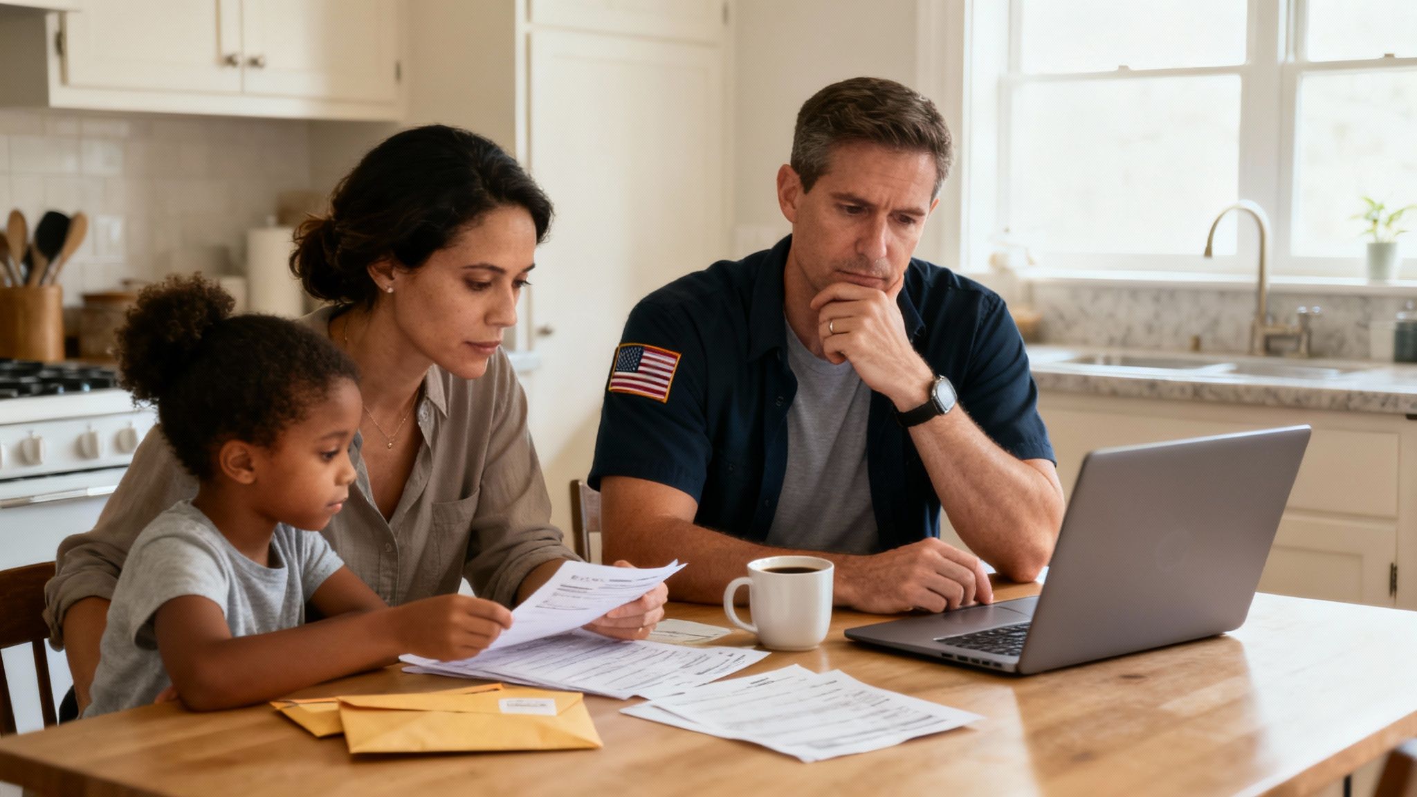 A concerned person looking at paperwork at a kitchen table, representing financial stress.