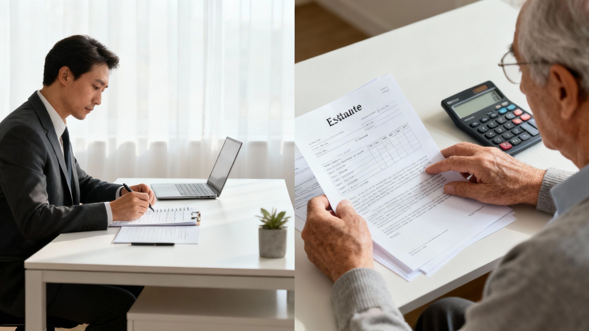 Two individuals, one younger and one older, reviewing financial documents at a modern desk.